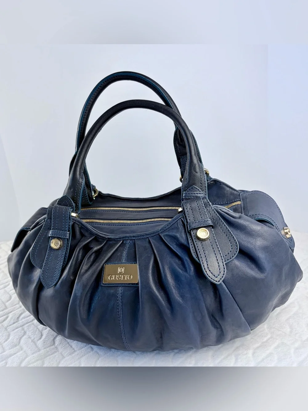 Vintage 2000s Leather Gustto Assolo Satchel Bag Navy Slouchy Y2K boho luxury era